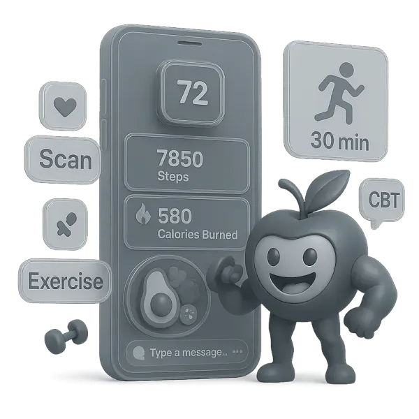 Coachie AI wellness app showing coach, chef and CBT therapy features