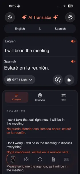 Traduction IA TranslateNow montrant le contexte, les exemples et les synonymes