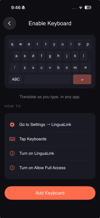 Configuration de l'extension clavier TranslateNow
