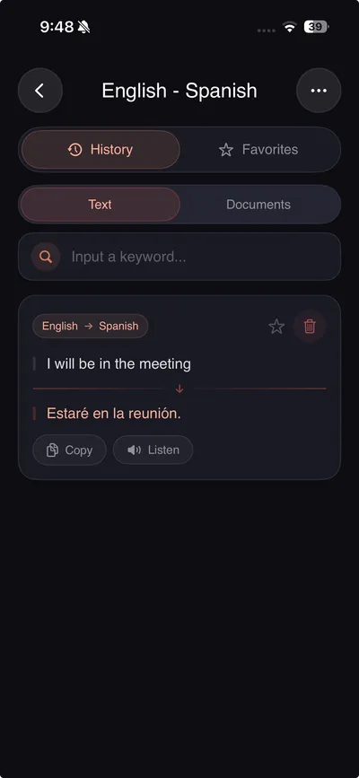 Historique des traductions TranslateNow avec recherche