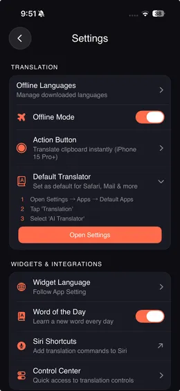 Paramètres de traduction hors ligne TranslateNow montrant les packs de langues téléchargeables